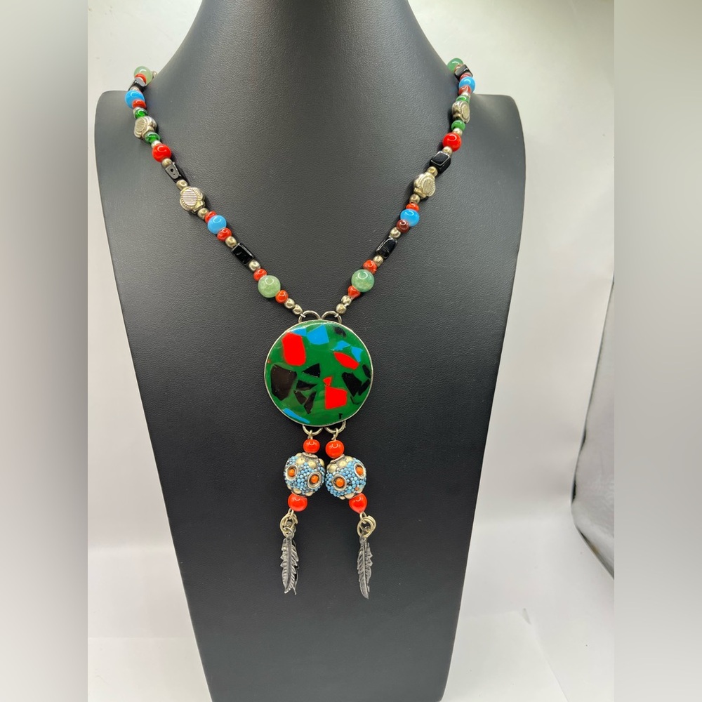 Artisan Red and Blue Beaded Necklace with Large Pendant with Metal Feathers